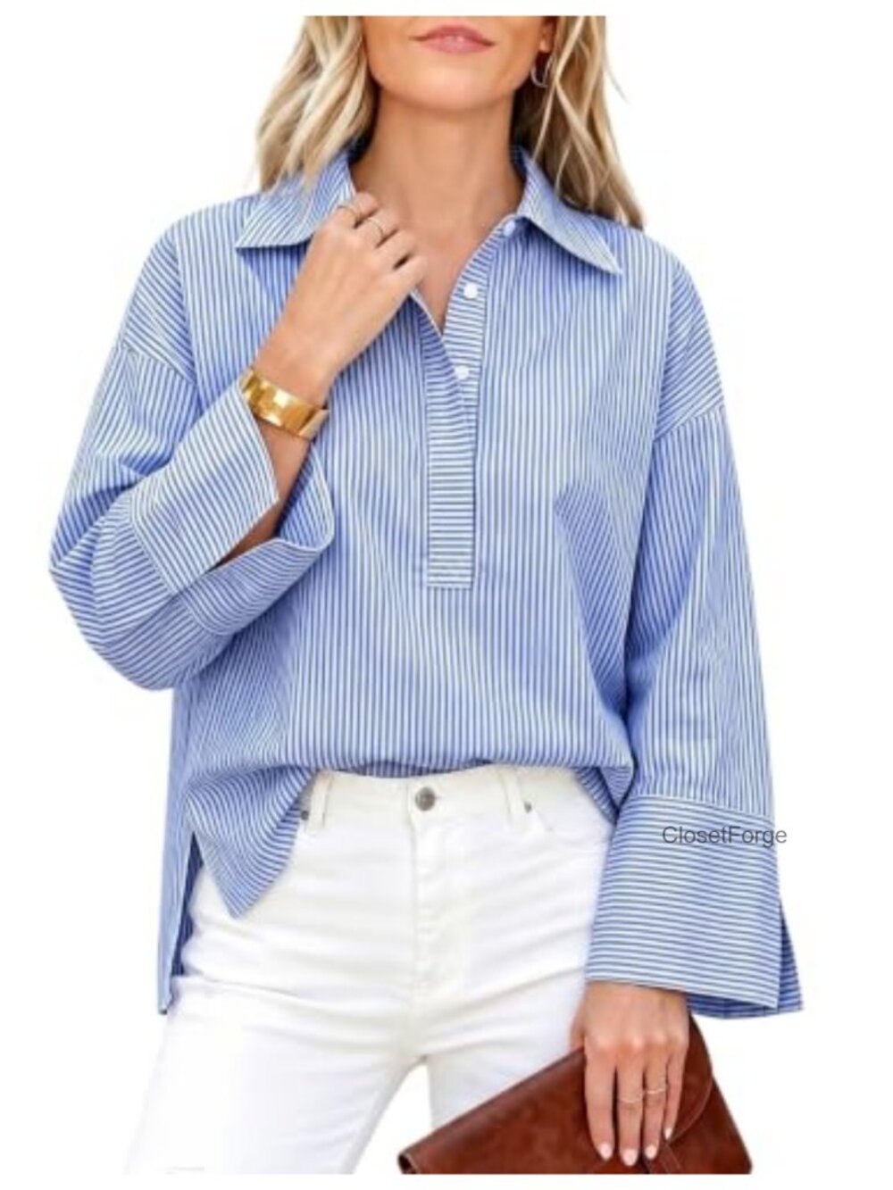 Women's Striped Button Down Henley Shirt Cotton Blend Oversized Long Sleeve